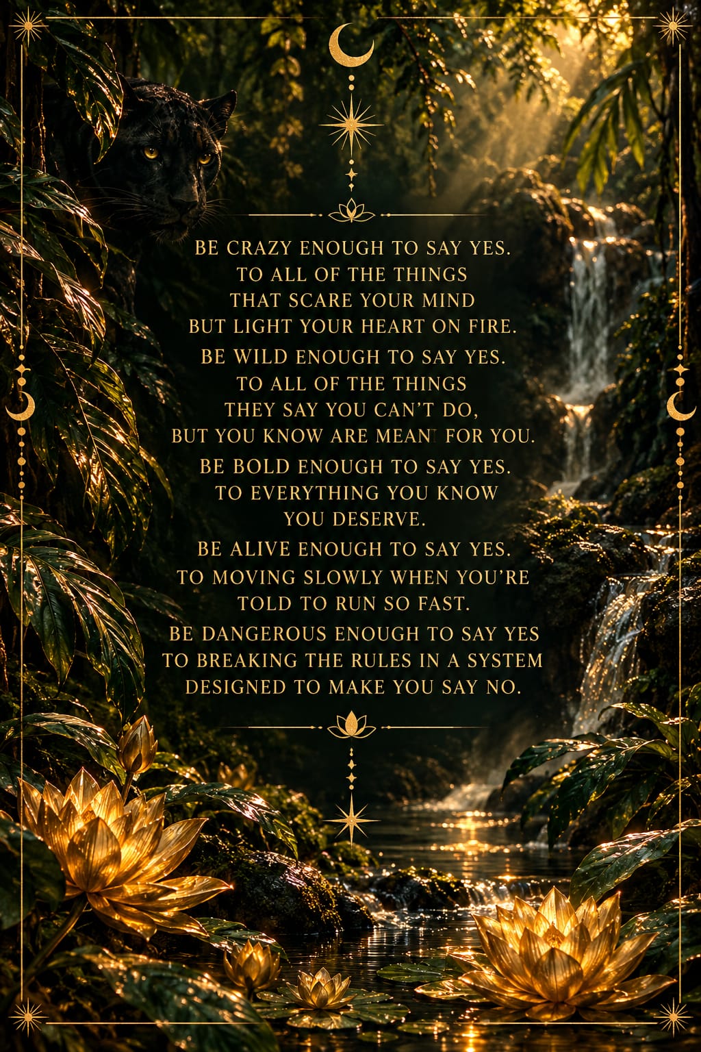 Be crazy enough to say yes to all of the things that scare your mind but light your heart on fire. Be wild enough to say yes to all of the things they say you can't do, but you know are meant for you. Be bold enough to say yes to everything you know you deserve. Be alive enough to say yes to moving slowly when you're told to run so fast. Be dangerous enough to say yes to breaking the rules in a system designed to make you say no.