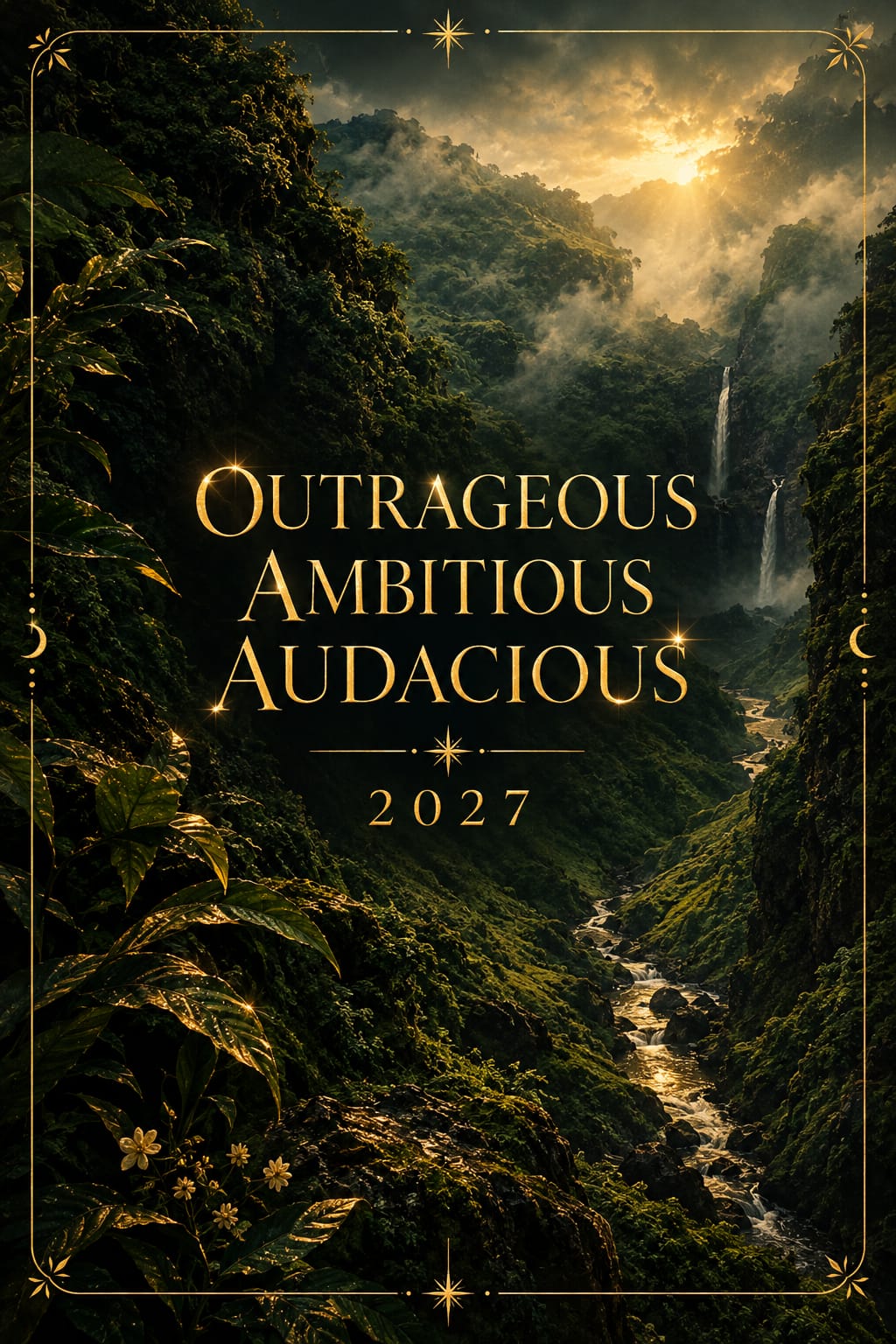 Outrageous Ambitious Audacious 2027 — forest waterfall cover artwork